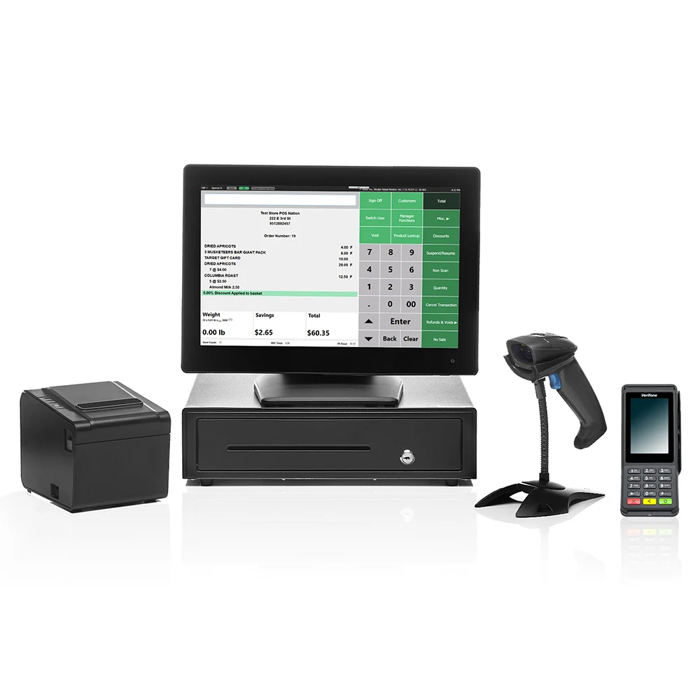 IT Retail POS hardware set with touchscreen monitor on top of a cash drawer, thermal printer to the left, barcode scanner with dock on the right and a wireless PIN pad.