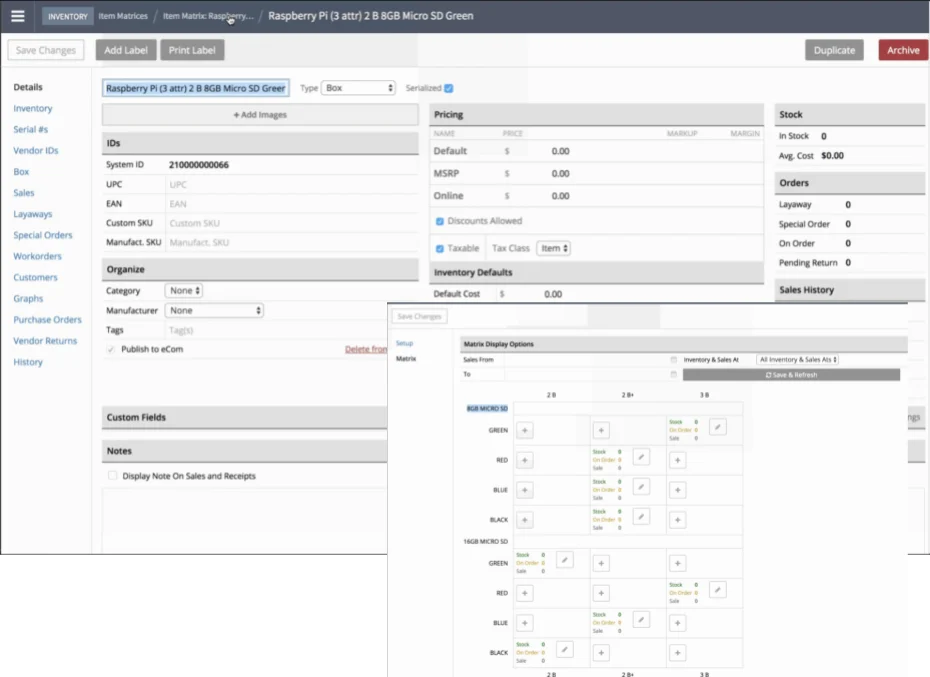 Screenshot of Lightspeed advanced inventory.