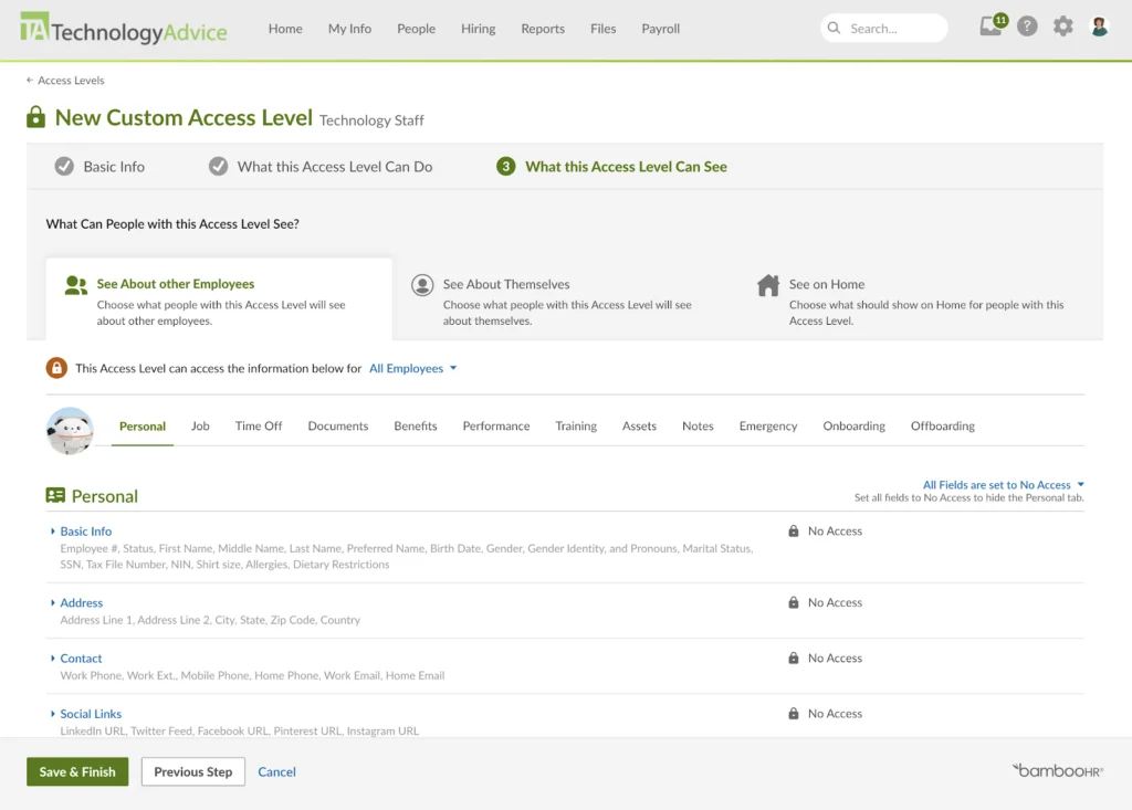 ALT: BambooHR displays a custom access level dashboard with the tab "What can people with this access level see" highlighted and options to grant or take away view access for various data fields.
