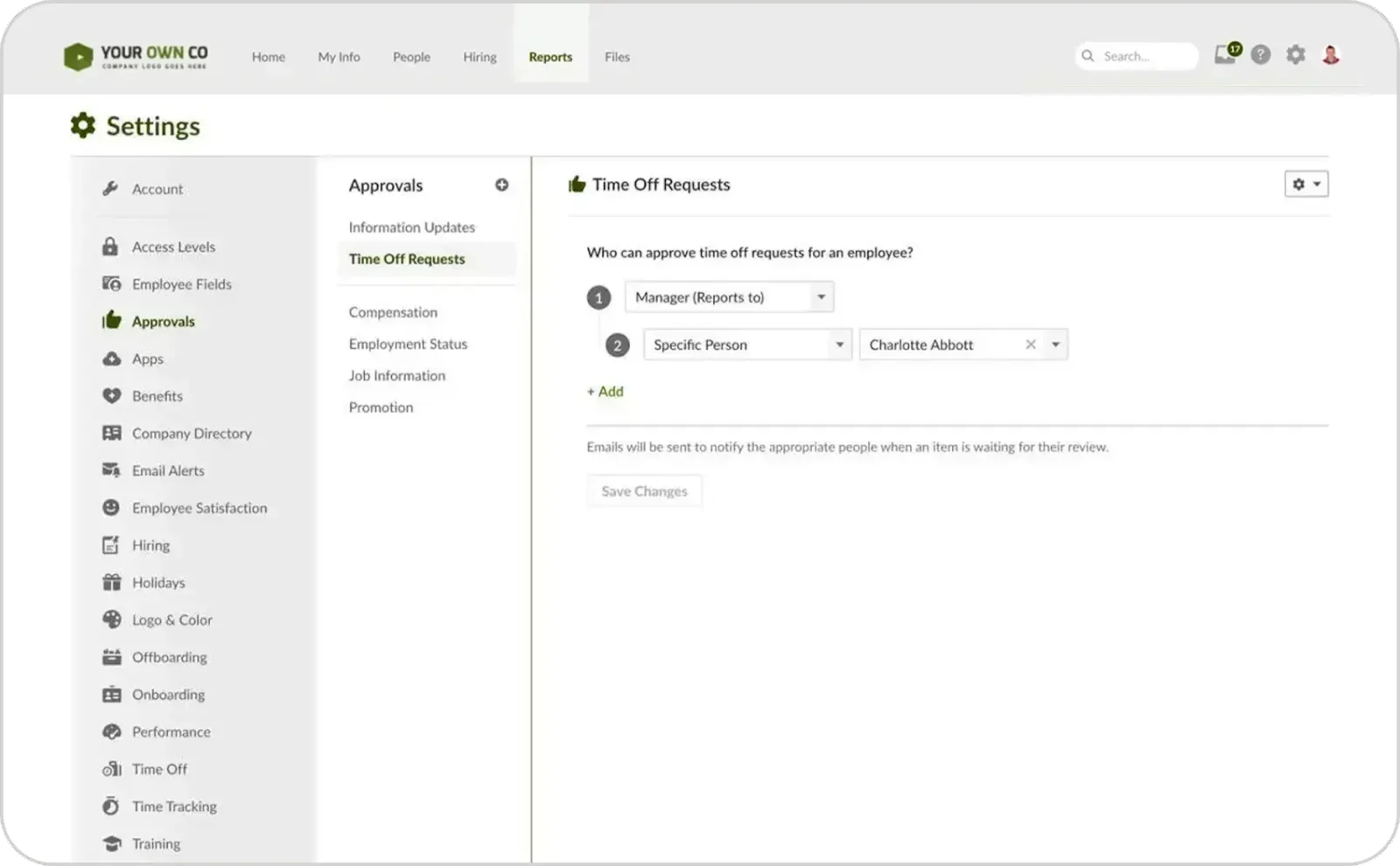 BambooHR’s interface displays fields where a user can appoint who can approve time off requests for an employee.