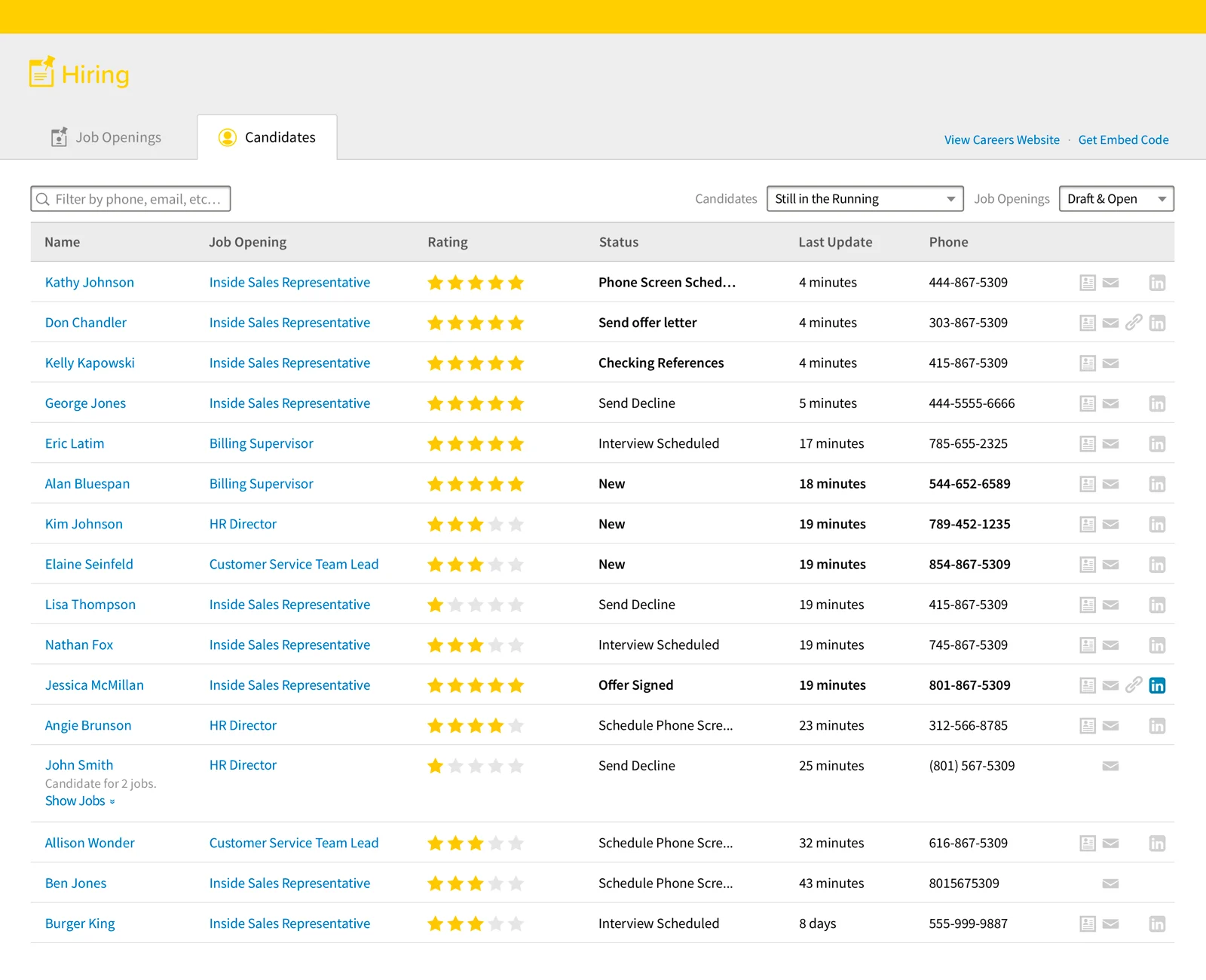 A table from an applicant tracking system showing job candidates, their assigned job openings, ratings, hiring status, last update, and phone numbers, with navigation options for "Job Openings" and "Candidates.
