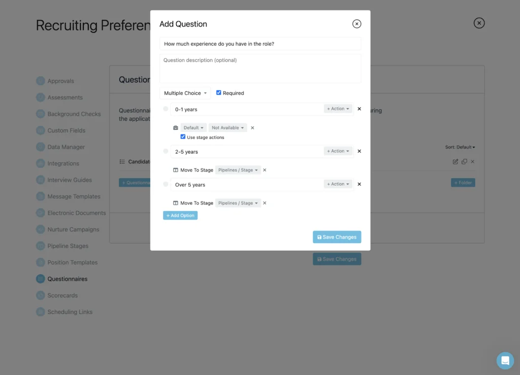 Breezy HR displays its recruiting preferences dashboard with a pop-up window reading, "Add question"; the question, "How much experience do you have in the role?" shows multiple-choice answers for 0-1 years, 2-5 years, and over 5 years, plus a small notice that candidates who answer 0-1 years will be moved to a "not available" talent pool.
