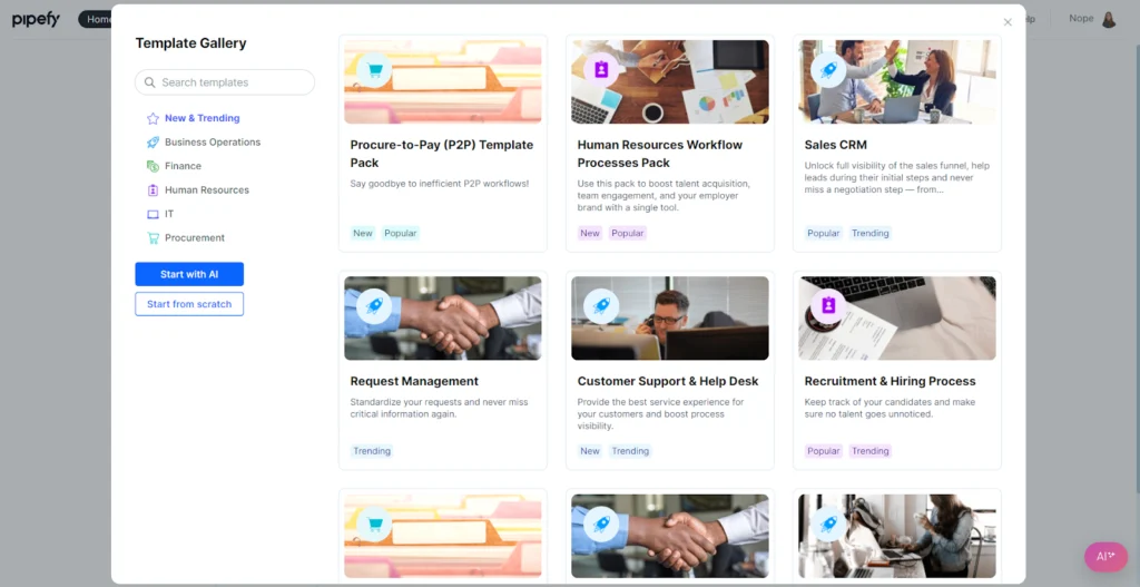 Pipefy's library of workflow templates.