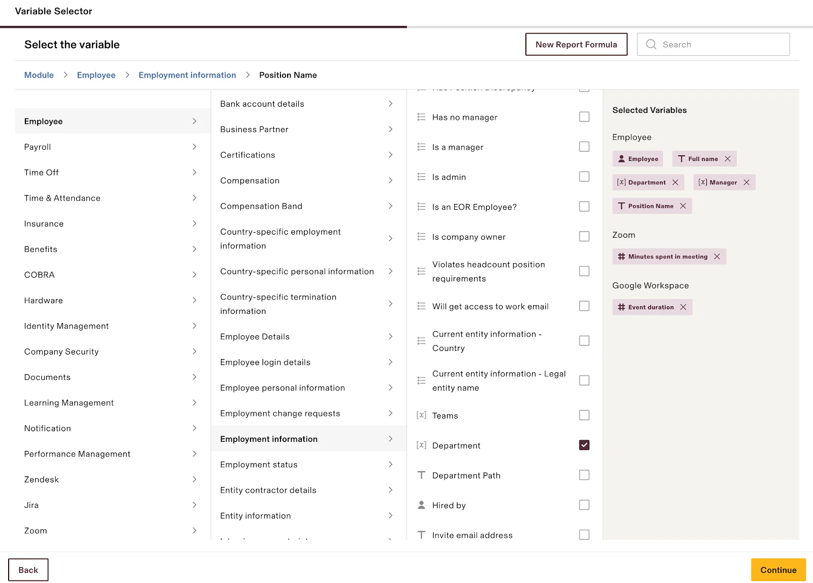 Rippling displays four column lists for selecting variables in a report: one, module name; two, module tab; three, field names; and four, currently selected variables.