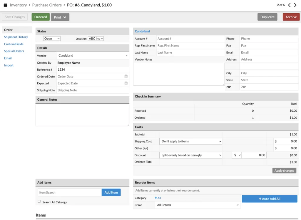 Lightspeed POS vendor management dashboard displaying sample purchase order form.