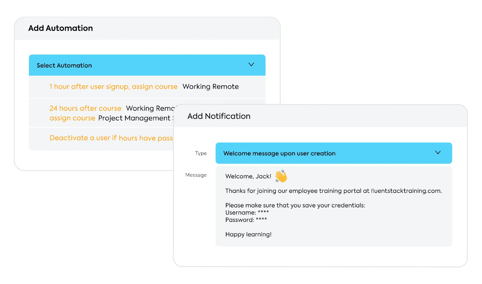 Talent LMS displays dialogue boxes for automated training assignments and notifications.