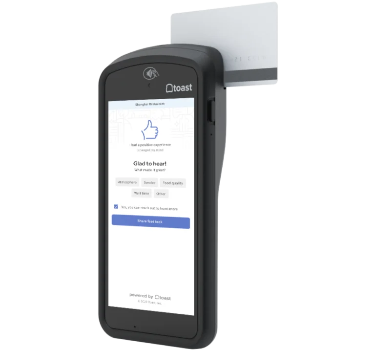 Toast handheld POS displaying customer feedback interface.