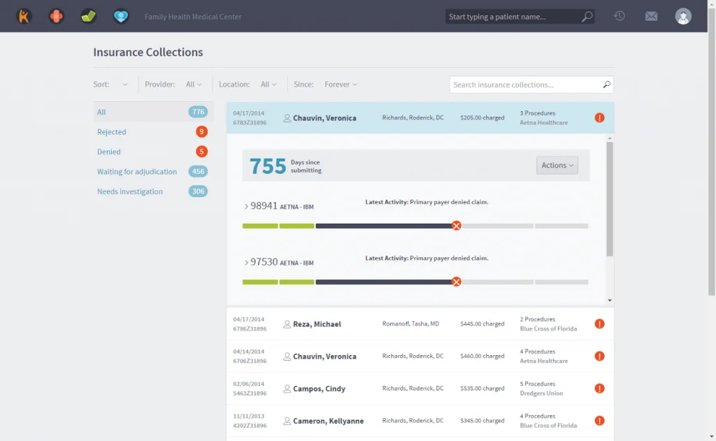 Kareo practice management healthcare CRM insurance collections dashboard.