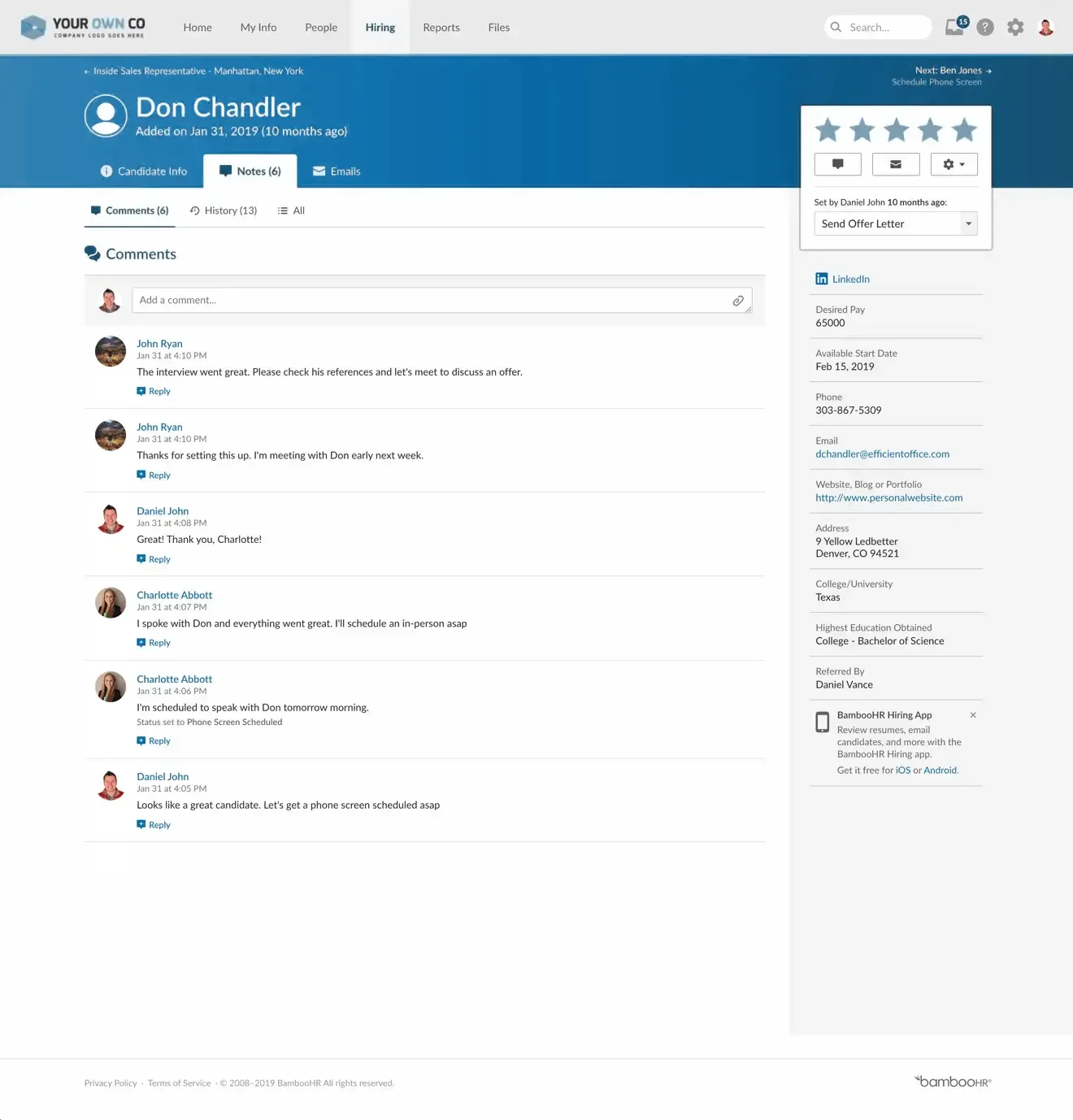 BambooHR displays a candidate profile with comments from the hiring team discussing next steps.