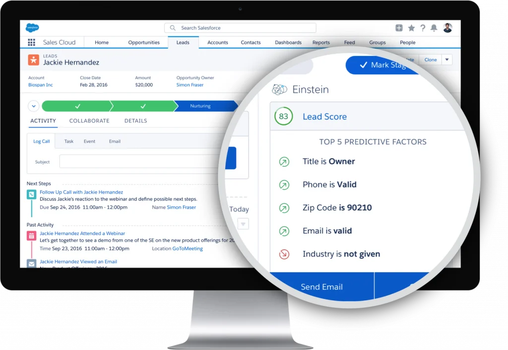 Screenshot of Salesforce Sales Cloud's predictive lead scorer, which uses Einstein AI to predict lead scores