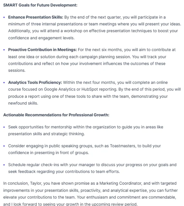 Easy-Peasy.AI automatically provides development goals and recommendations that are specific and actionable.