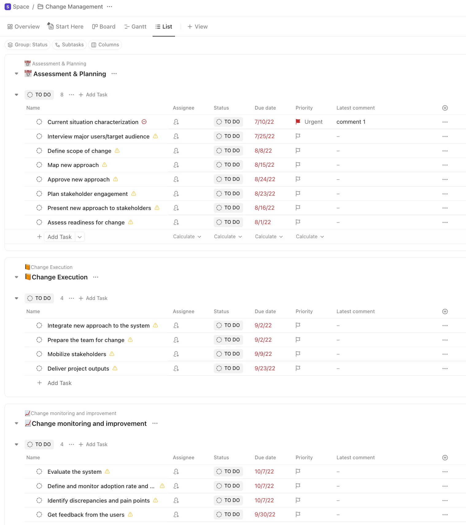 ClickUp change management workspace showing tasks for assessment, planning, execution, adoption monitoring, and user feedback.
