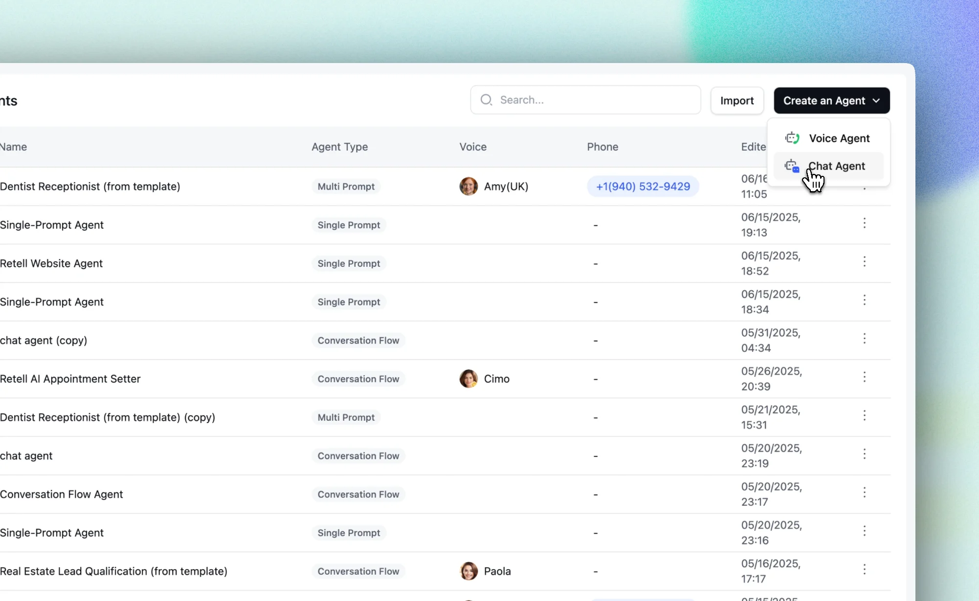 Retell AI dashboard listing agents, configuration types, voices, and phone assignments, with the Create an Agent menu open.