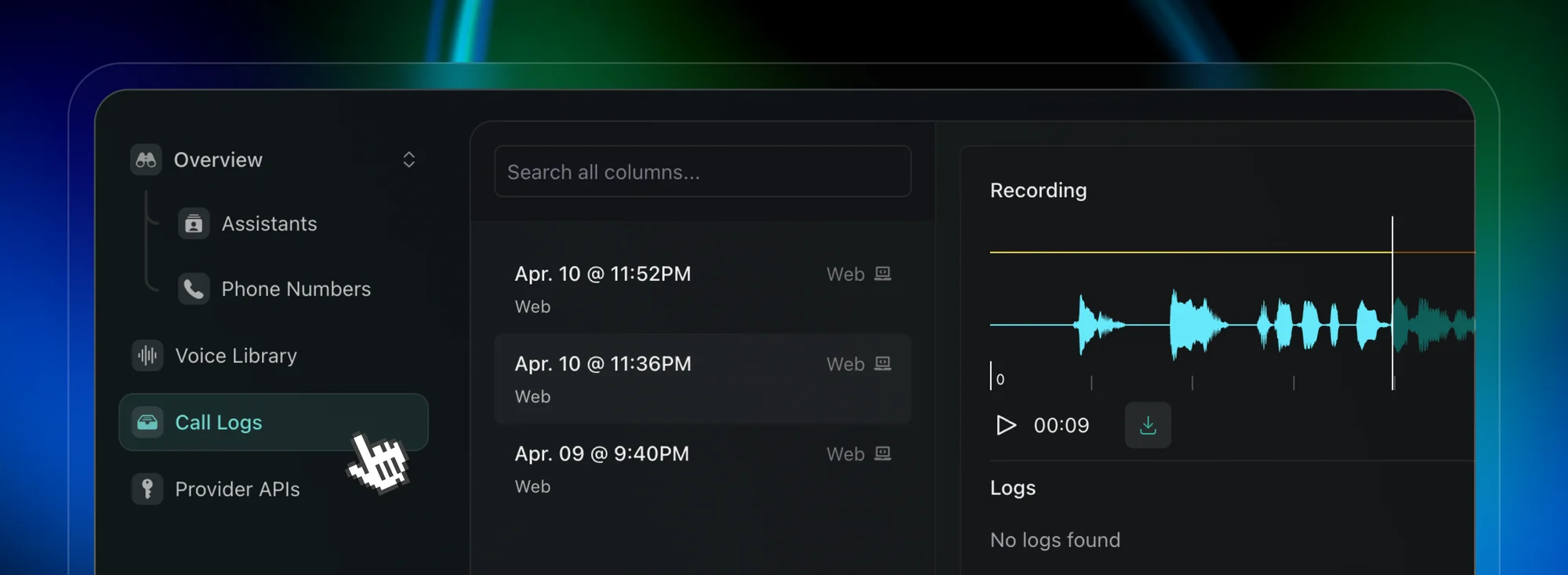 Vapi Call Logs dashboard showing dated web calls and a selected call’s audio waveform with playback and download controls.