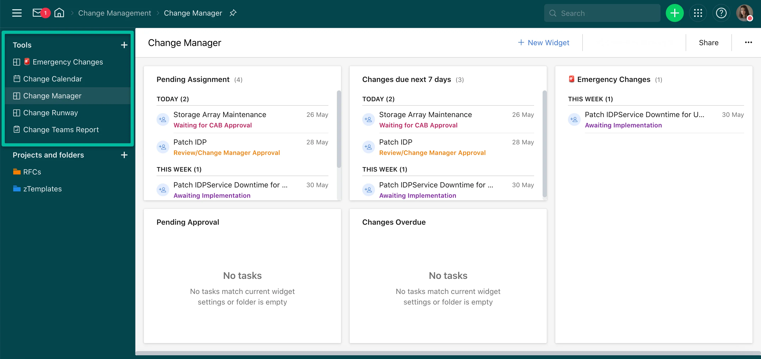 Wrike Change Manager dashboard showing pending assignments, upcoming changes, emergency changes, pending approvals, and overdue work.