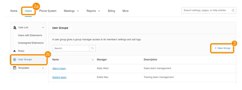 RingCentral's user group settings page with orange highlights on buttons for creating a new group.