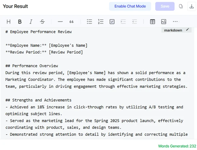 A GravityWrite performance review report report in Markdown format.