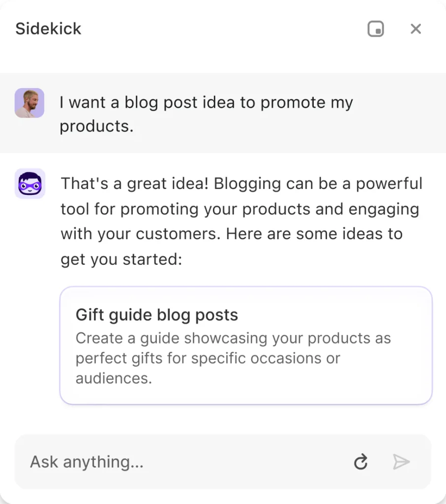 Shopify Sidekick AI chat interface generating blog post ideas for ecommerce product marketing.
