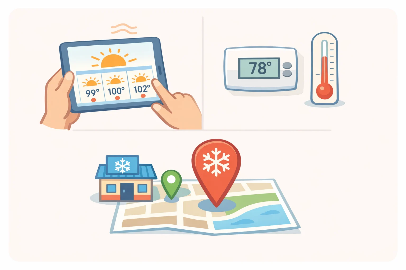 A checklist-style image showing NOAA HeatRisk forecast review, a thermometer placed in a living area, and a map card of nearby cooling centers for staying safe during a heat wave