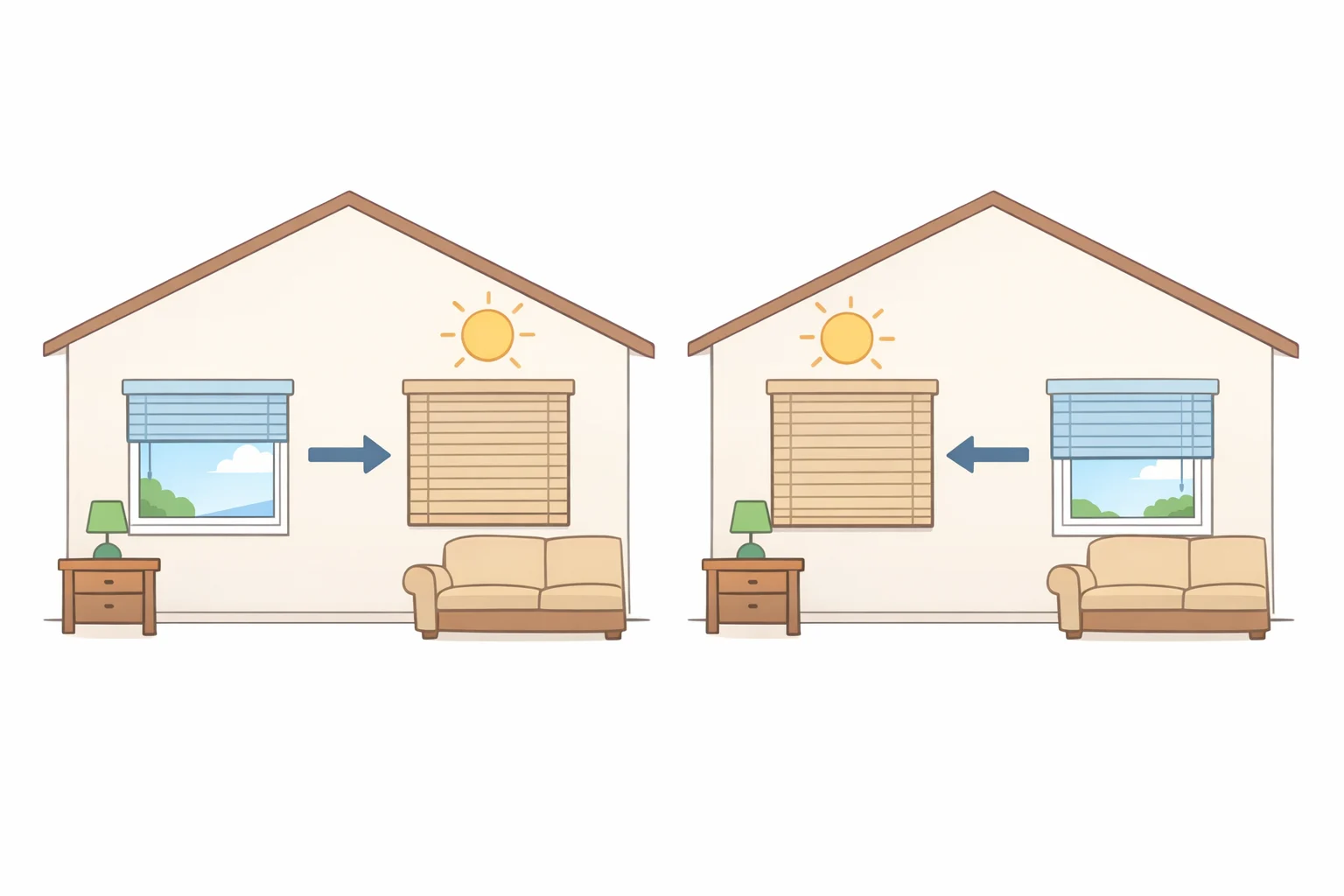 A diagram of a house with east-facing and west-facing windows shaded by closed blinds and curtains to prevent solar heat gain, illustrating how to keep your house cooler in a heat wave
