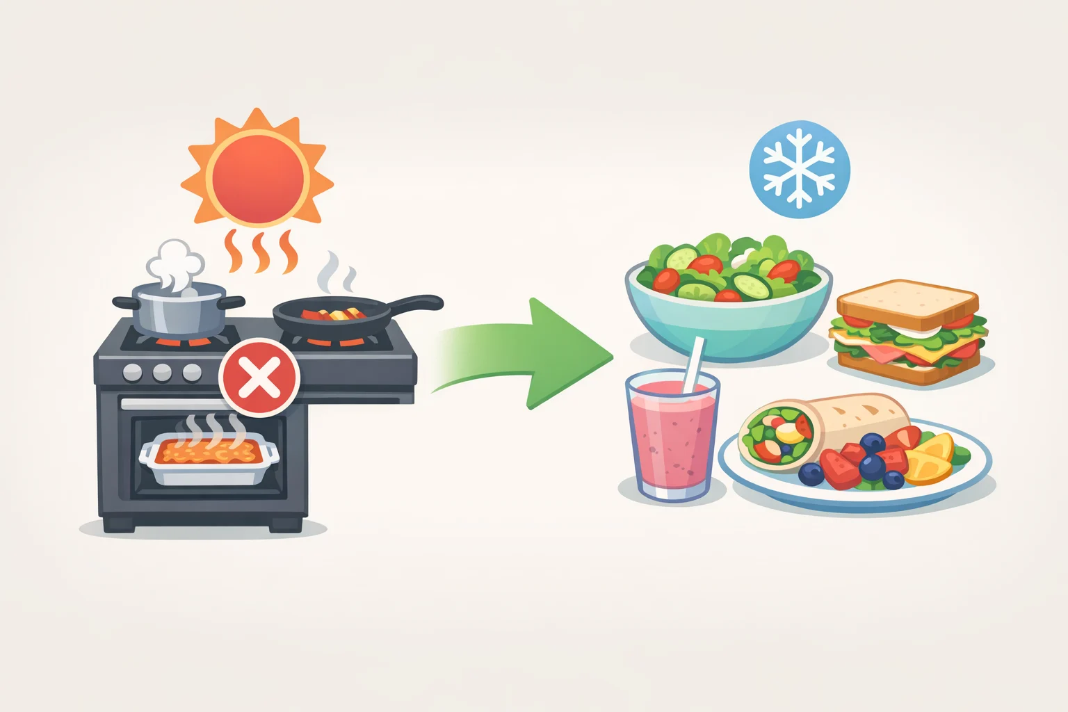 A kitchen setup showing an oven and stovetop avoided during peak heat, with food prepared using a microwave or cold meals instead to reduce indoor temperature rise