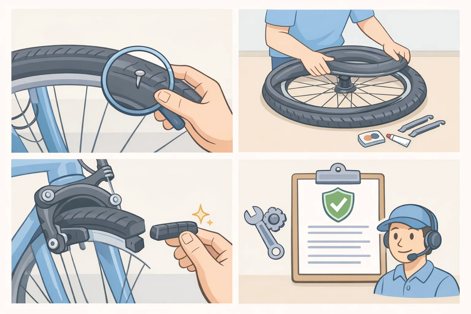 Illustration showing a scooter with labeled checkpoints for tire size availability, inner tube replacement access, brake pad sourcing, and warranty service/depot coverage