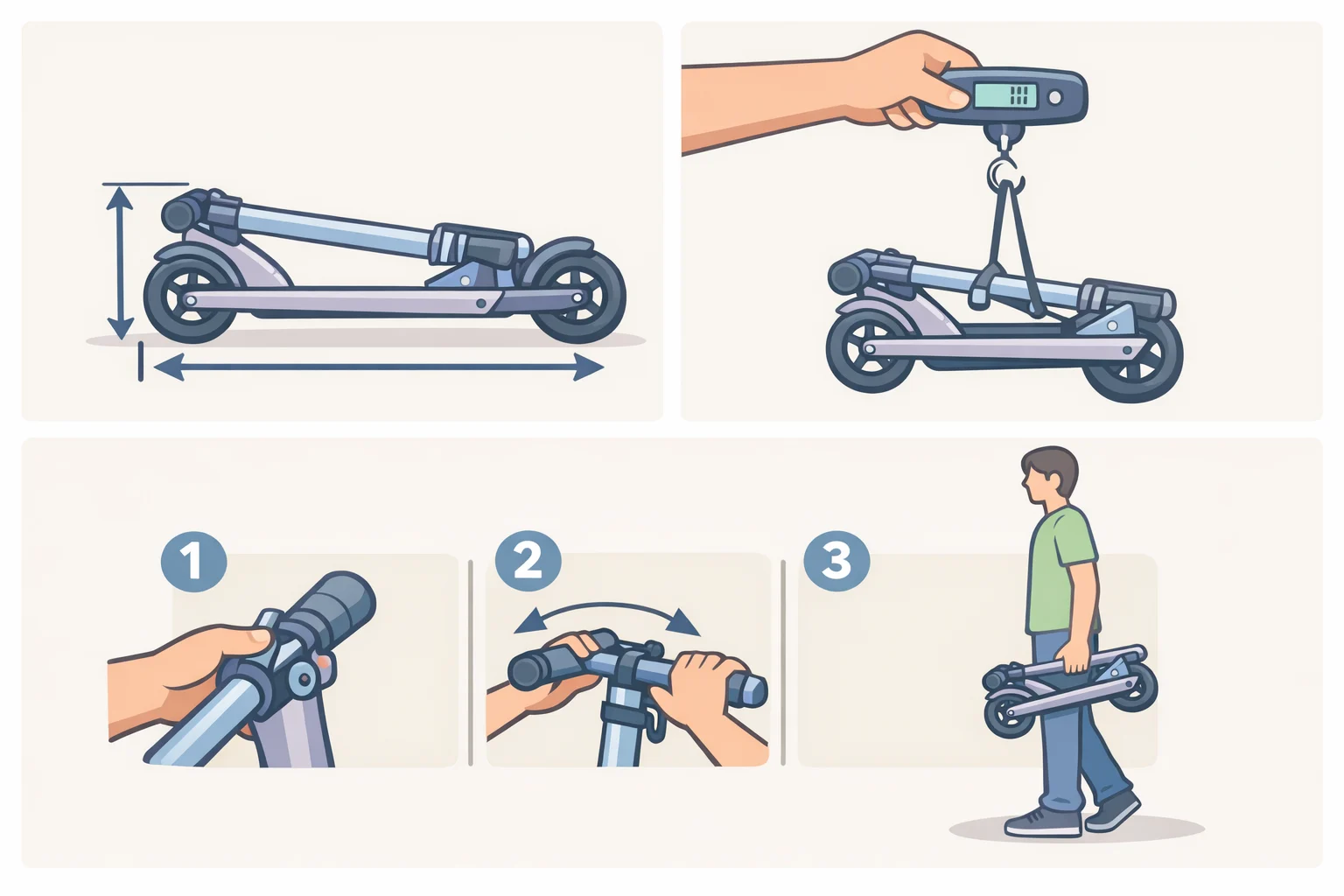 Illustration of a scooter being folded with callouts for folded dimensions, carry weight, and the number of fold steps