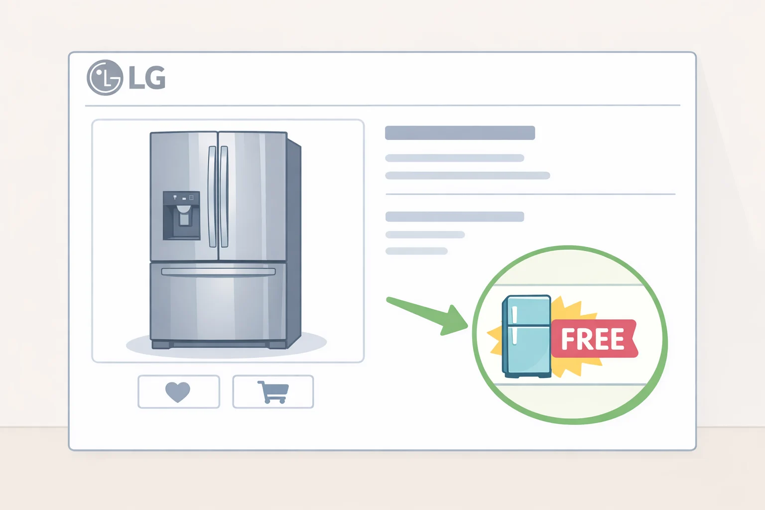 Illustration of an LG French-door refrigerator product page where a BOGO badge confirms eligibility for how to qualify for LG free refrigerator deal