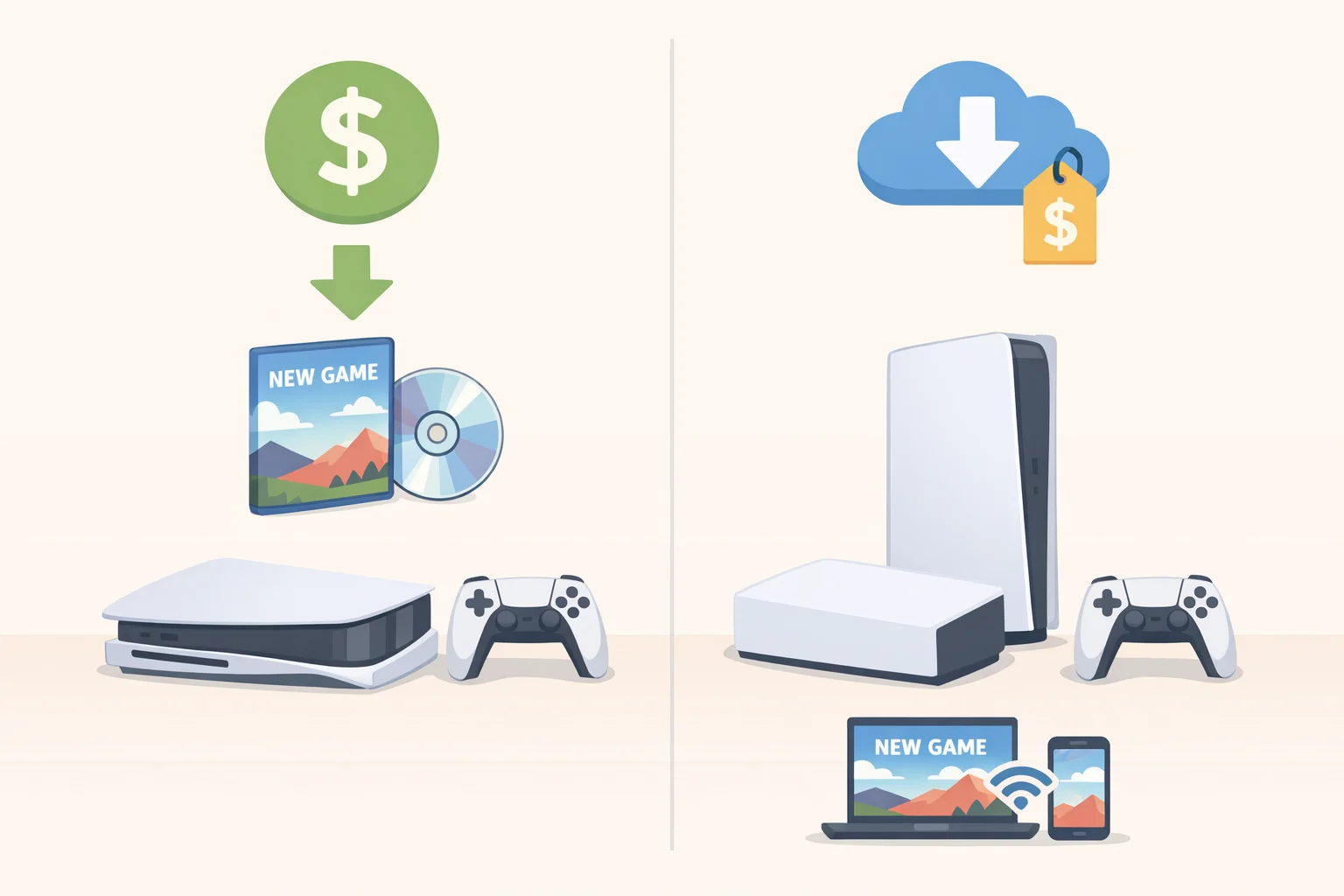 Diagram comparing a PS5 Slim/Pro needing an $80 disc drive attachment versus digital-only access, highlighting the cost pressure behind PlayStation ending physical games