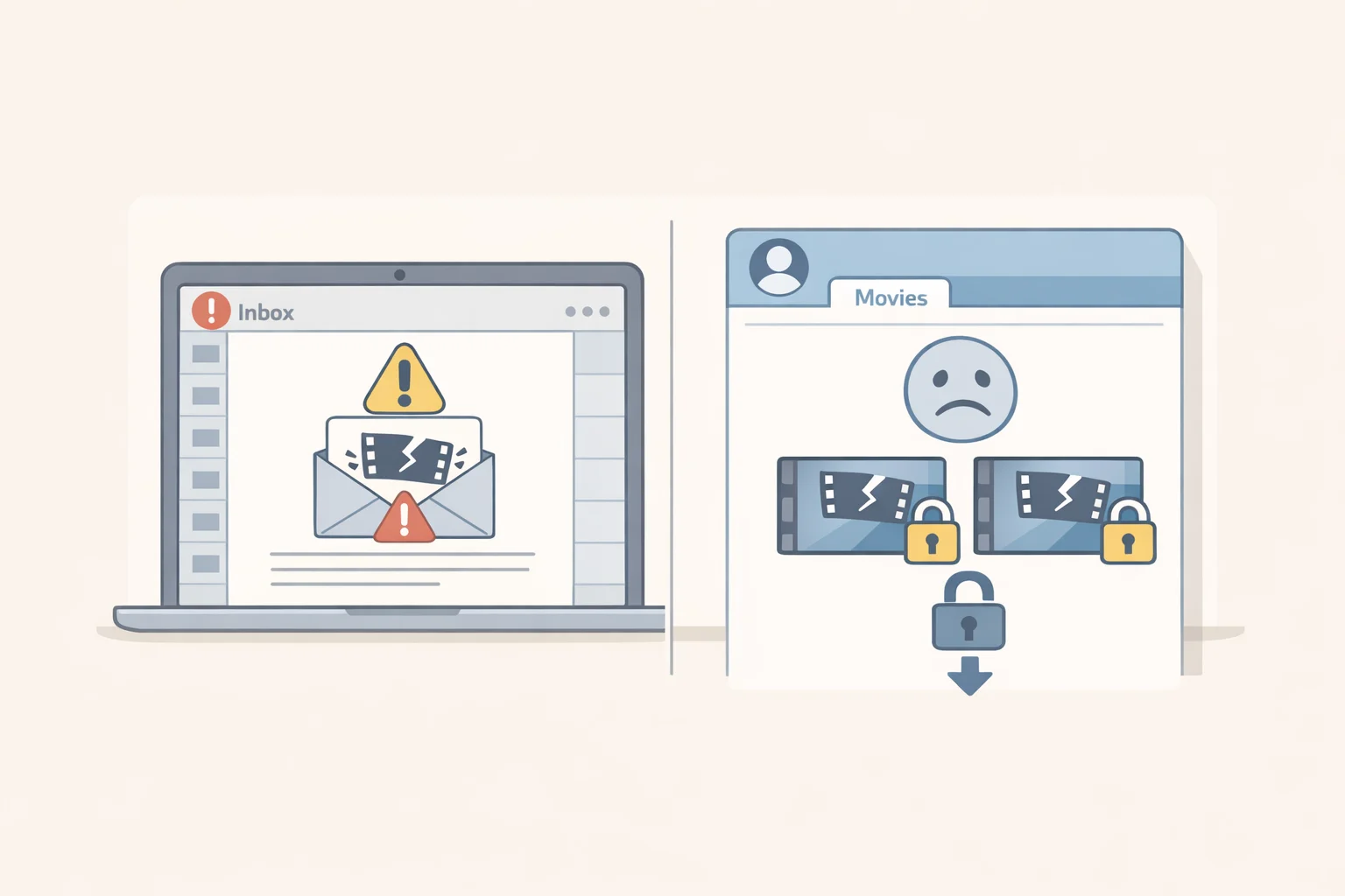Illustration of a PlayStation inbox email alerting a user that purchased movies will lose access after a licensing dispute, with an account status screen showing revoked entitlements