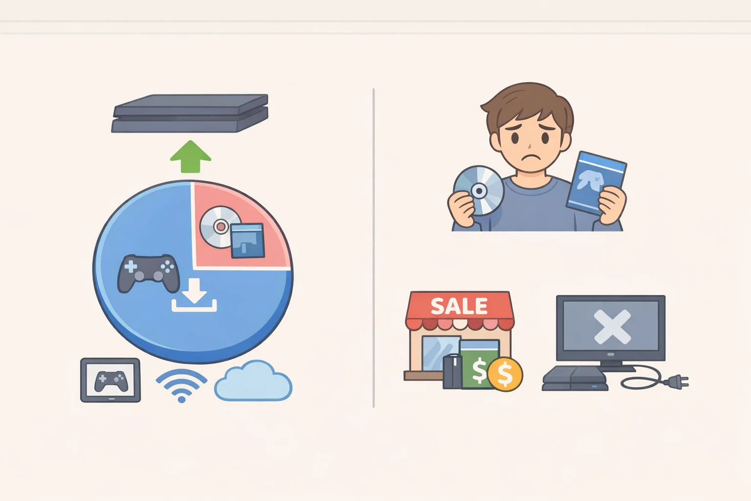 Side-by-side chart comparing digital’s 78% share of game sales growth to the lost benefits of physical ownership such as resale value, lending, and offline permanence