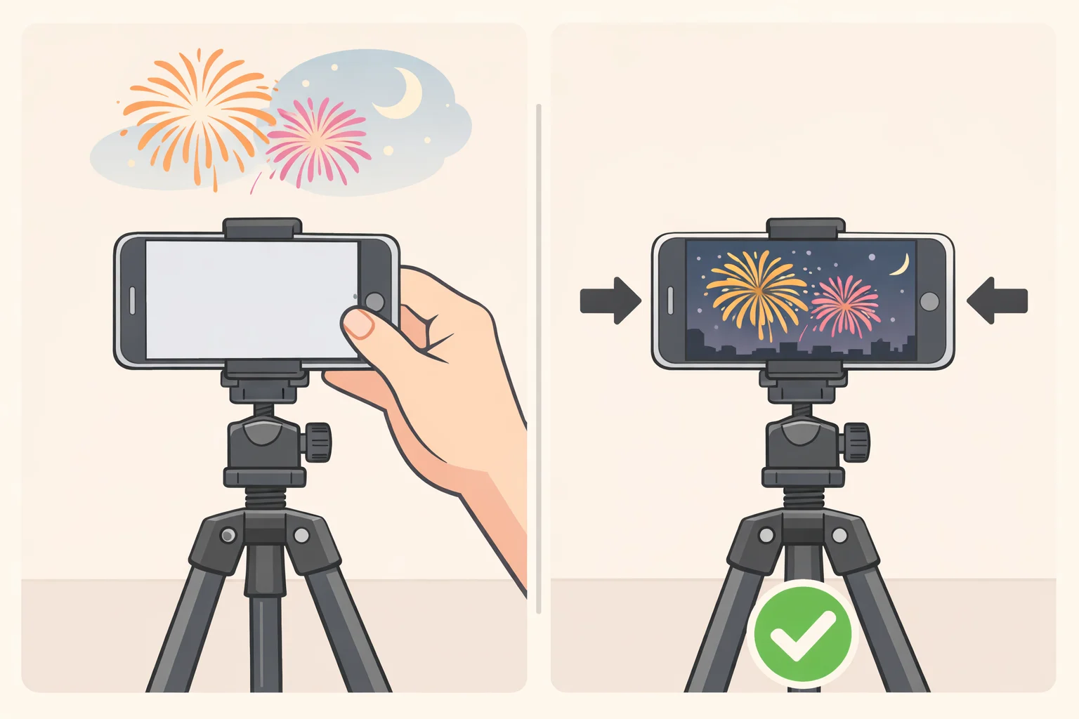 A phone mounted on a small tripod or clip against a railing to keep the camera stable for fireworks photos