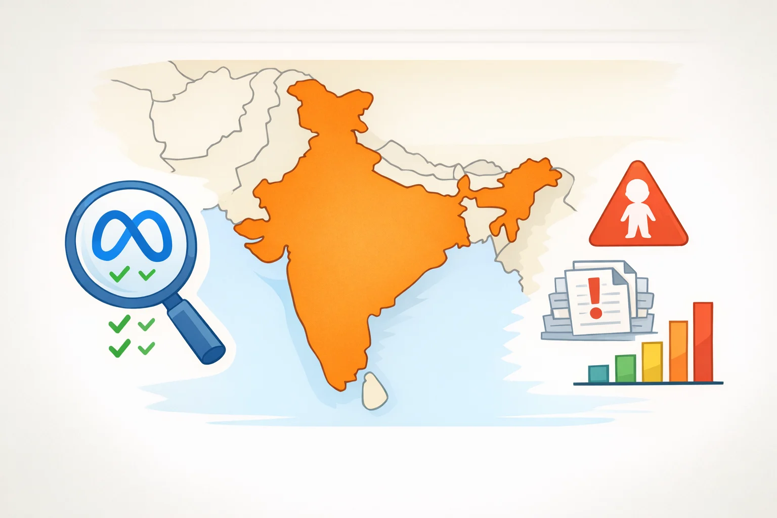 Illustration of India as Meta’s biggest market with highlighted indicators for increasing CSAM reports and advertising-based enforcement risk