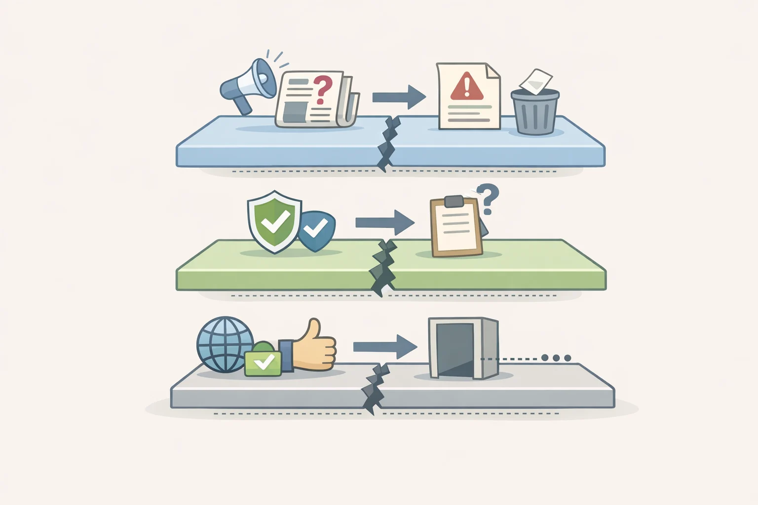 Infographic illustrating the failure points: approved ad delivery, delayed removal after press inquiry, and unanswered questions about mandatory CyberTipline reporting