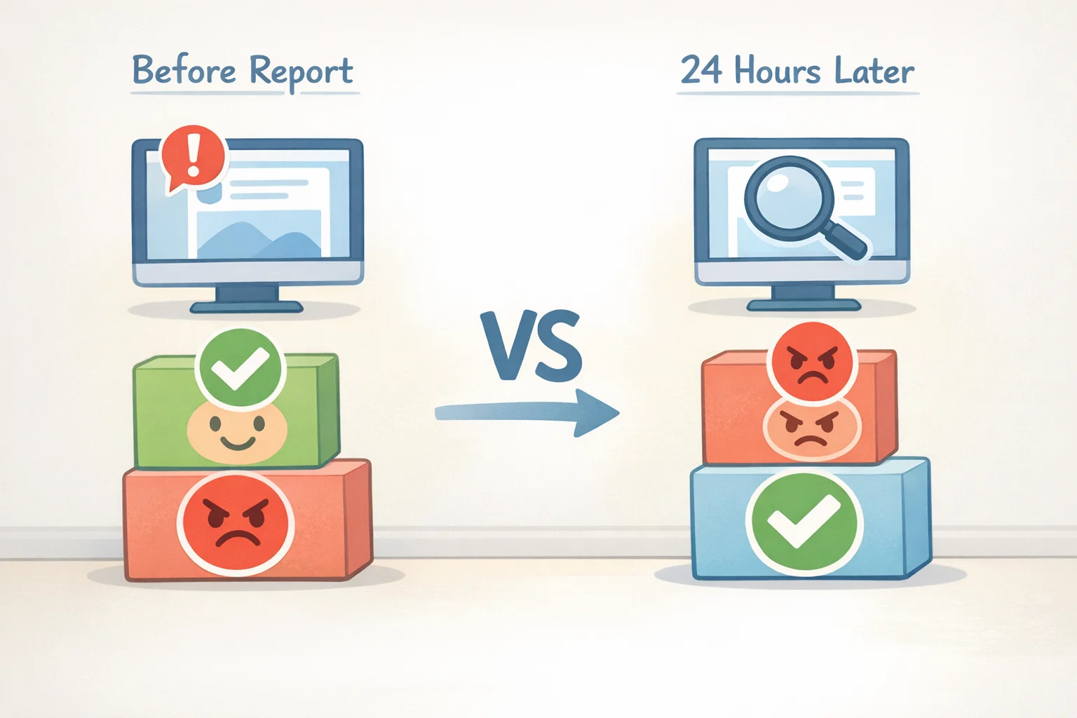 Timeline graphic showing an Instagram ad approved before publication, then reviewed again 24 hours after a report and still upheld