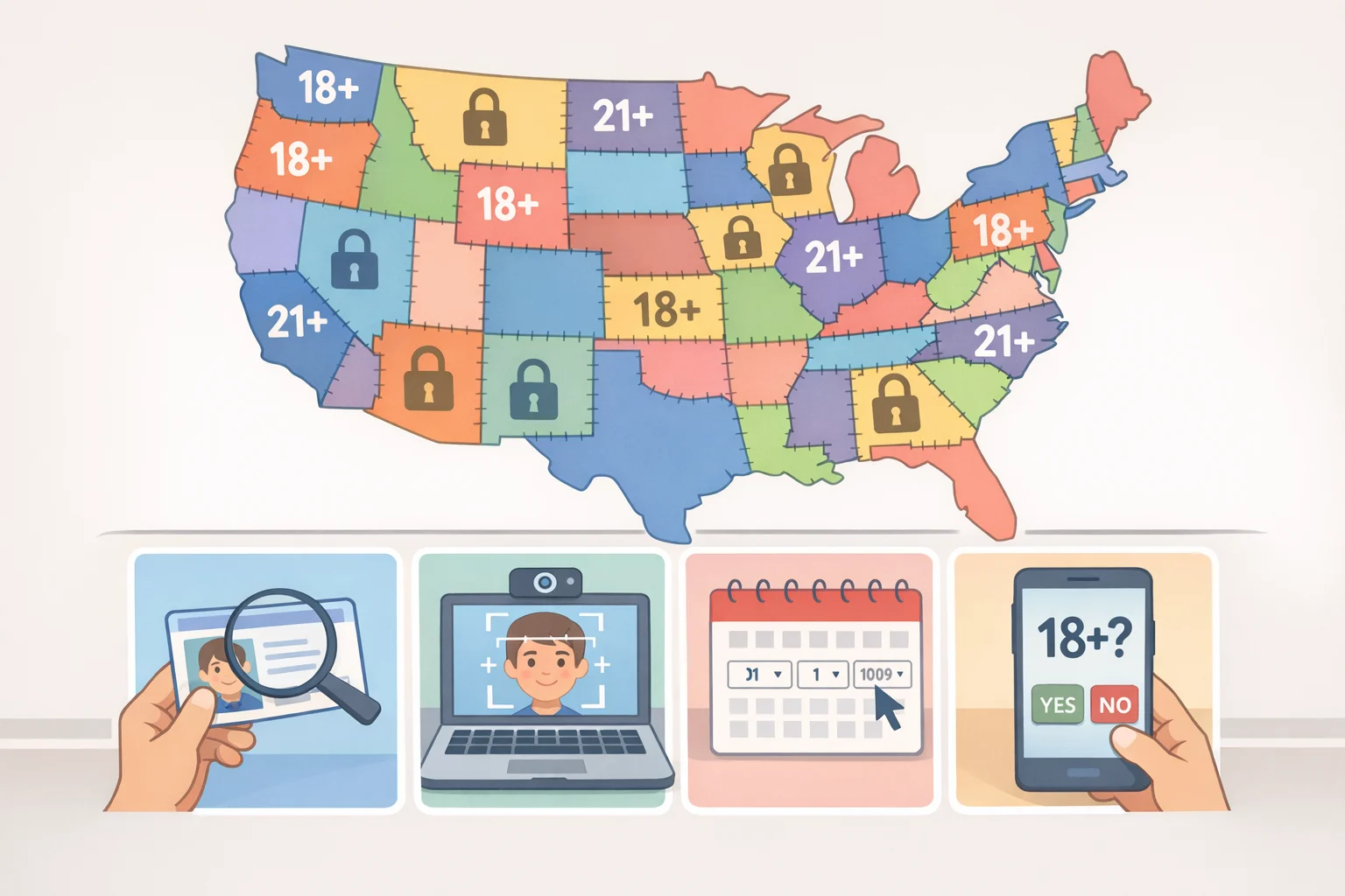 Illustration of patchwork age verification rules across different U.S. states with varying methods shown as different icons and labels