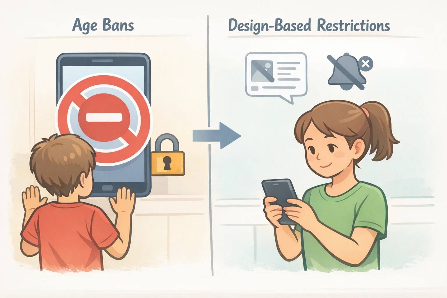 Side-by-side diagram comparing age-based account bans with design-based controls such as disabling algorithmic feeds and restricting late-night notifications for users under 18