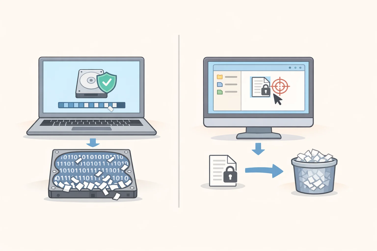 Illustration comparing an overwrite tool that wipes the entire USB flash drive at the device level with a secure-delete action that only deletes a specific file at the operating system level.