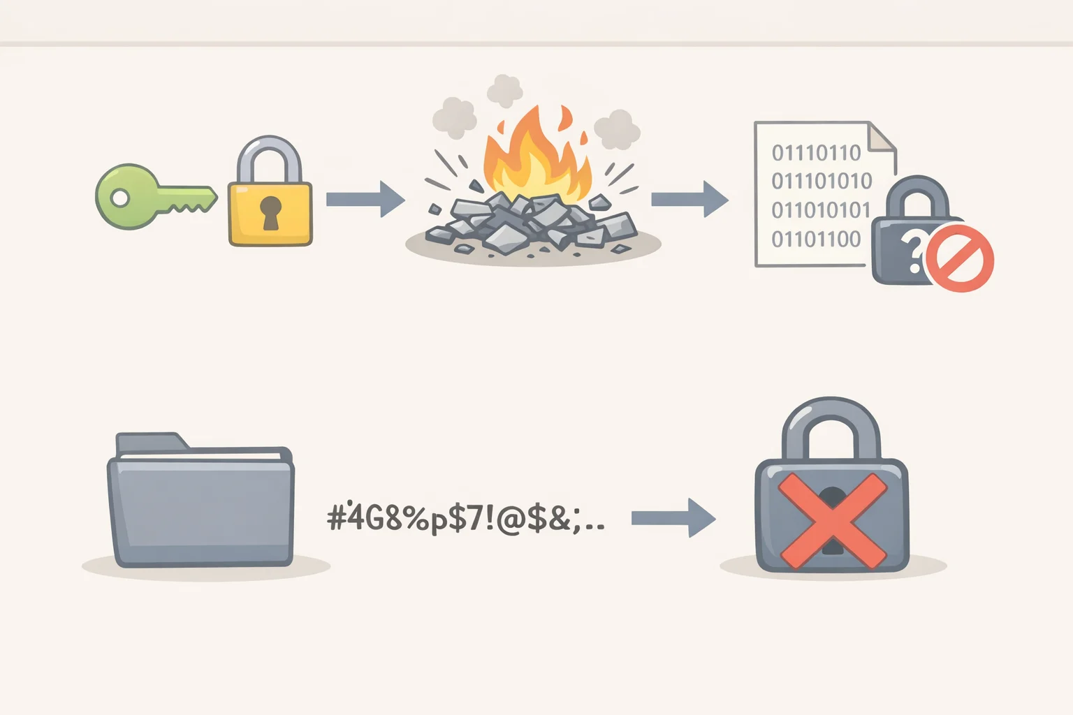 Illustration showing cryptographic erase behavior on a hardware-encrypted USB drive where the encryption key is destroyed, leaving ciphertext unreadable without the key.
