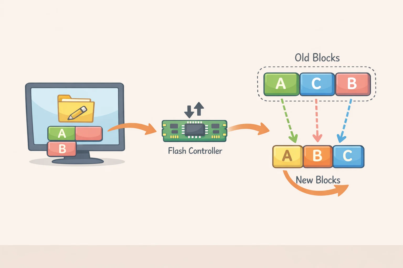 Illustration of flash memory wear leveling where a file-level overwrite is redirected by the drive controller to different physical blocks, leaving remnants that contradict how to securely wipe files from a flash drive.