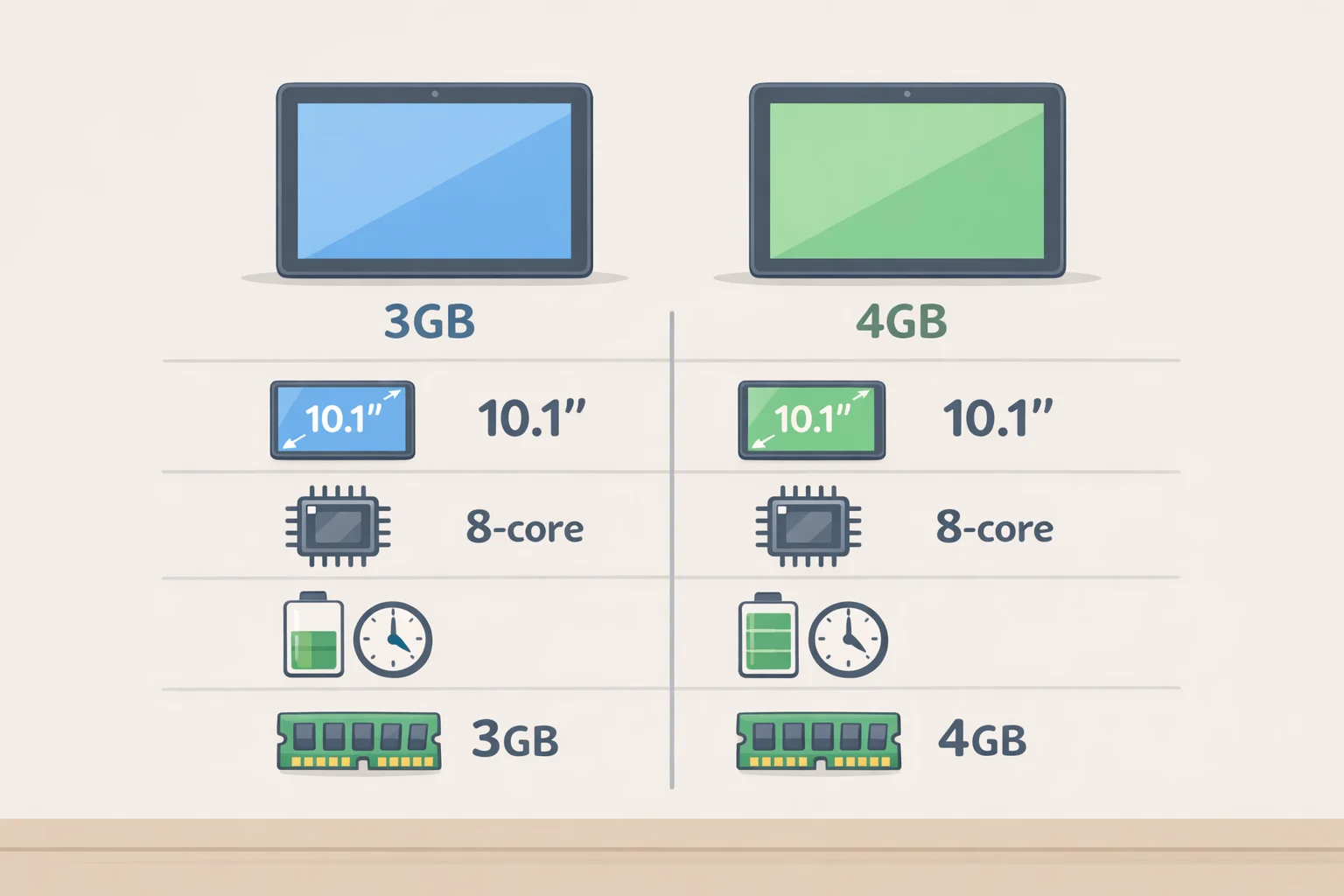 Comparison chart of Fire HD 10 models showing identical core specs while highlighting the difference between 3GB and 4GB RAM for performance