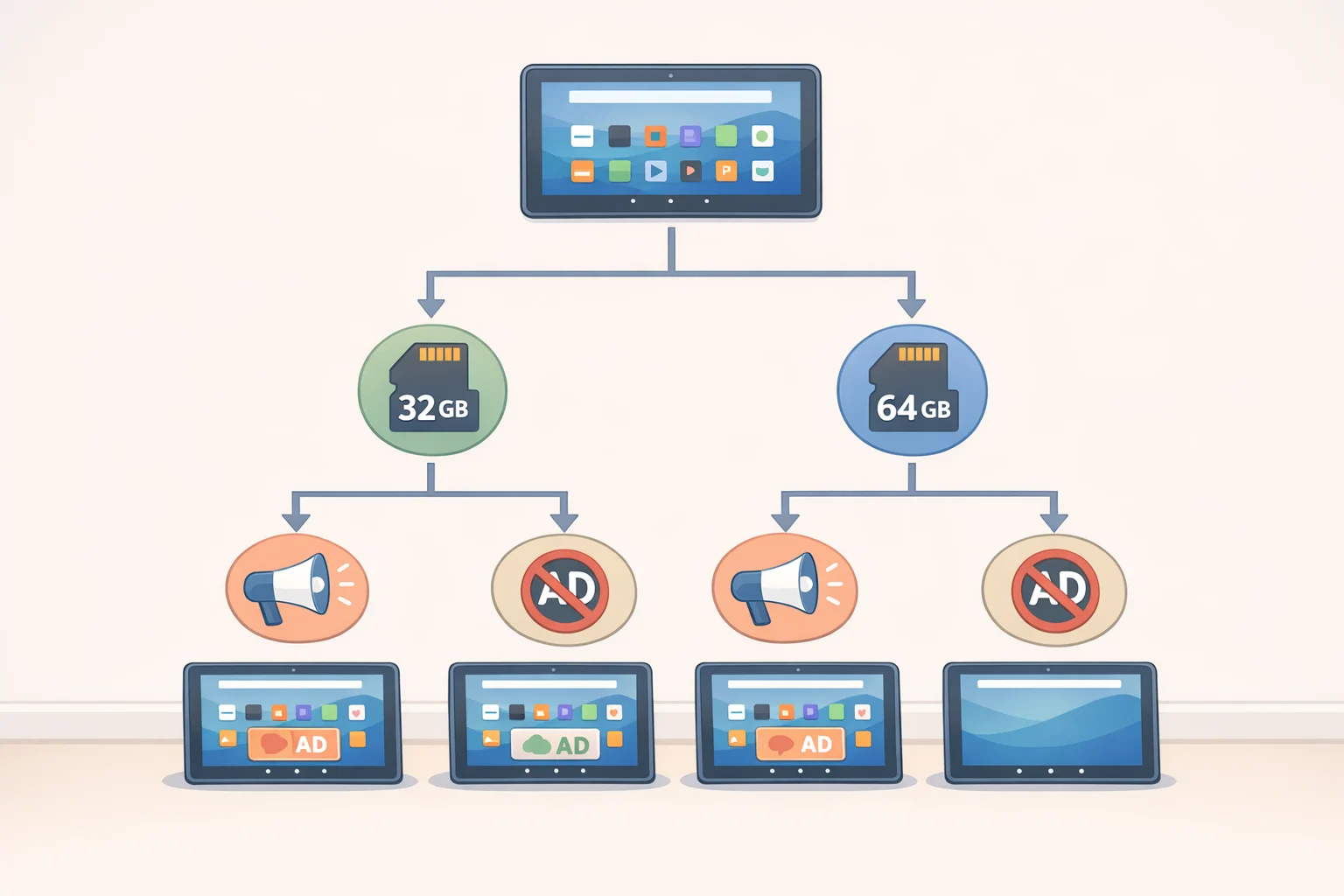 Decision-tree infographic mapping who should buy the 4GB vs 3GB Fire HD 10 based on 32GB storage, multitasking needs, lock-screen ads, and the ad-free requirement