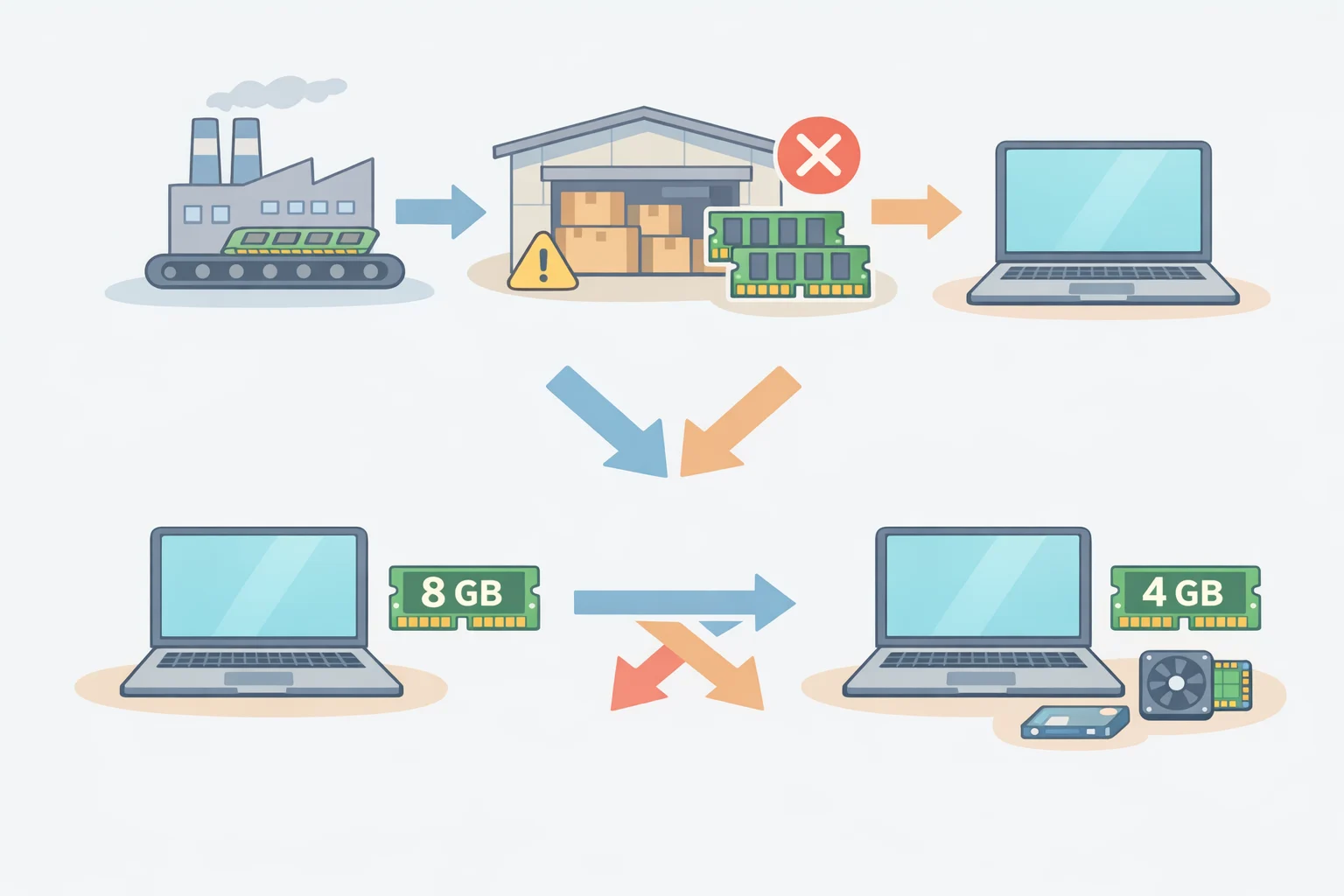 Illustration of a supply chain flow where memory chip availability affects the Amazon Fire HD 10 RAM upgrade configuration selection