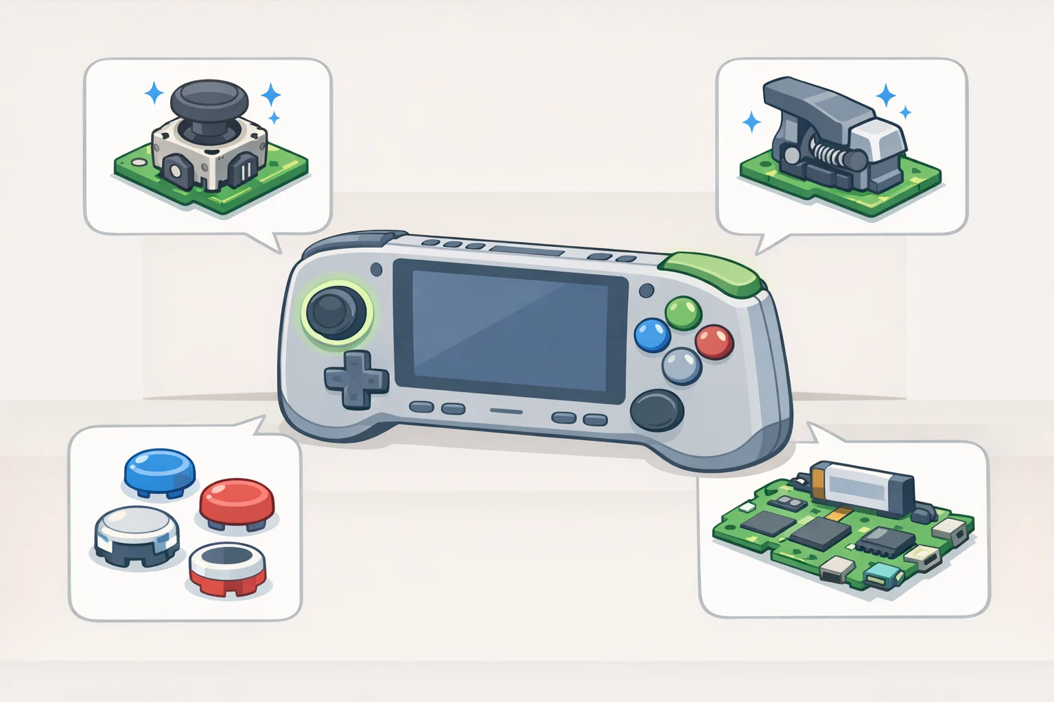 Close-up diagram of the Anbernic RG 55G1 showing double-shot molded buttons, 3D Hall-effect joysticks, and Hall-effect triggers
