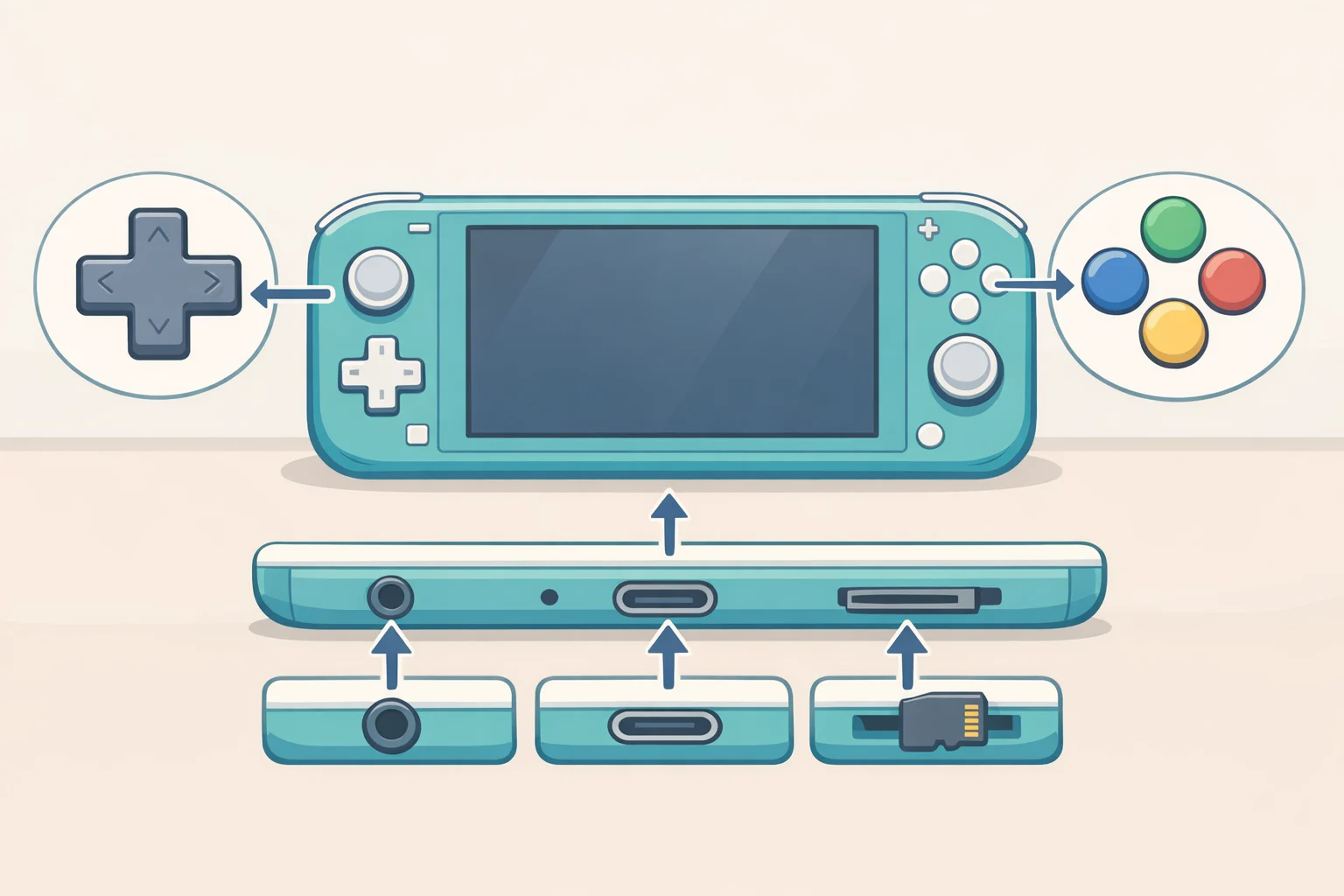 Labeled front and bottom view of the Anbernic RG 55G1 illustrating Switch Lite-like ABXY layout and the microSD, USB-C, and 3.5mm jack placement