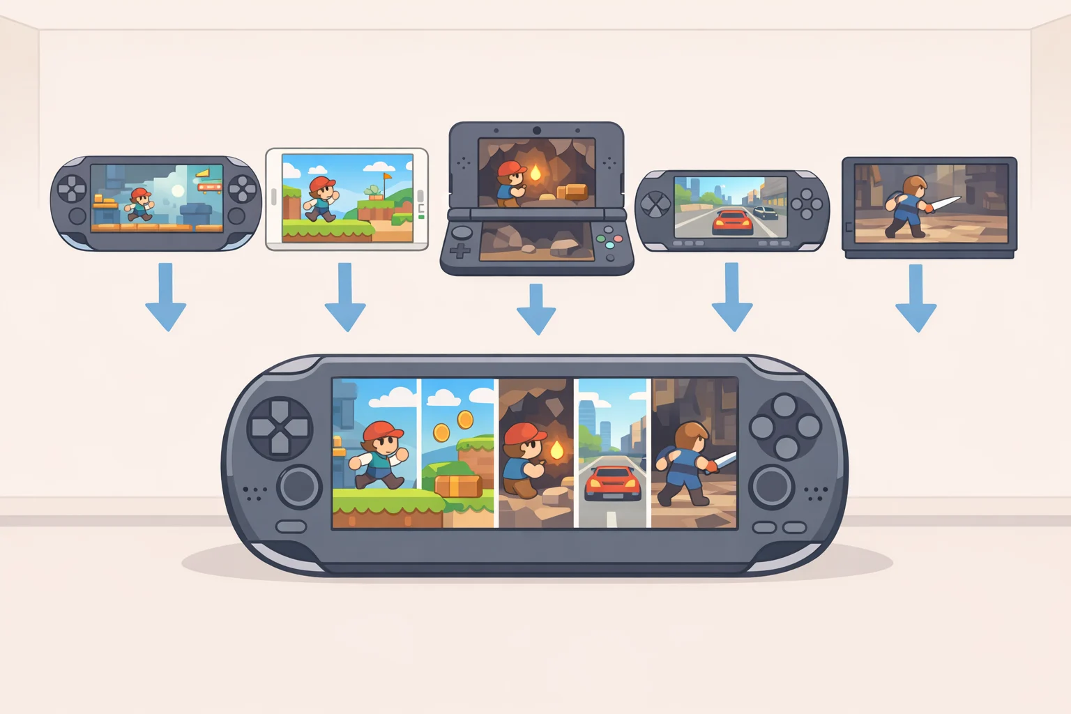Anbernic RG 55G1 gameplay video on screen with multiple emulated titles displayed, including PS Vita and PS2 scenes