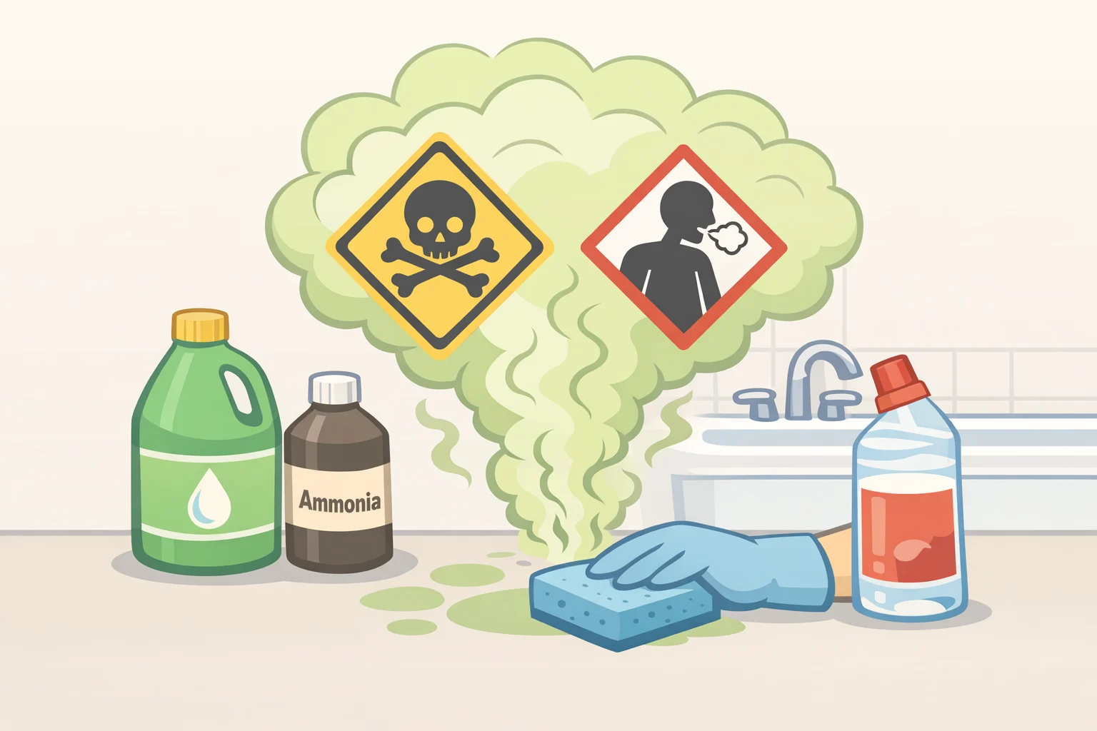 Illustration of chlorine bleach mixing with ammonia-containing or acid-based cleaners, producing toxic fumes and hazard warnings (can you mix laundry detergents safely? this shows why not)