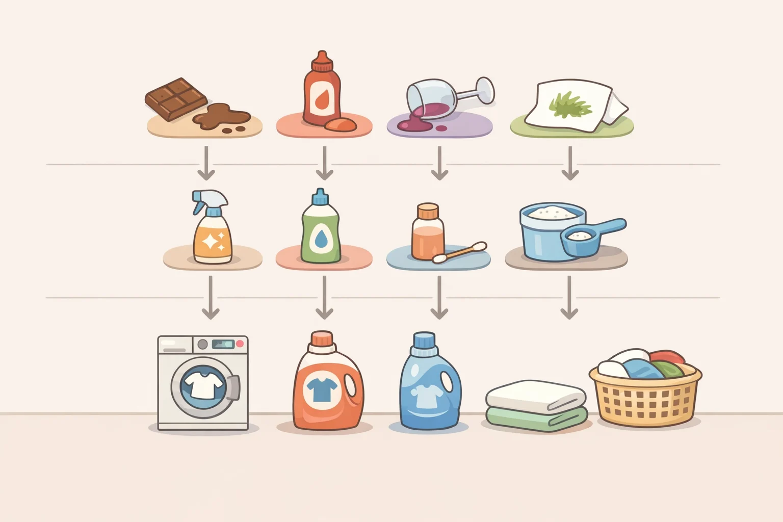 Flowchart-style illustration showing enzyme pre-soak, main wash detergent, oxygen bleach as a later step, and avoiding vinegar to keep each cleaning mechanism in its proper window