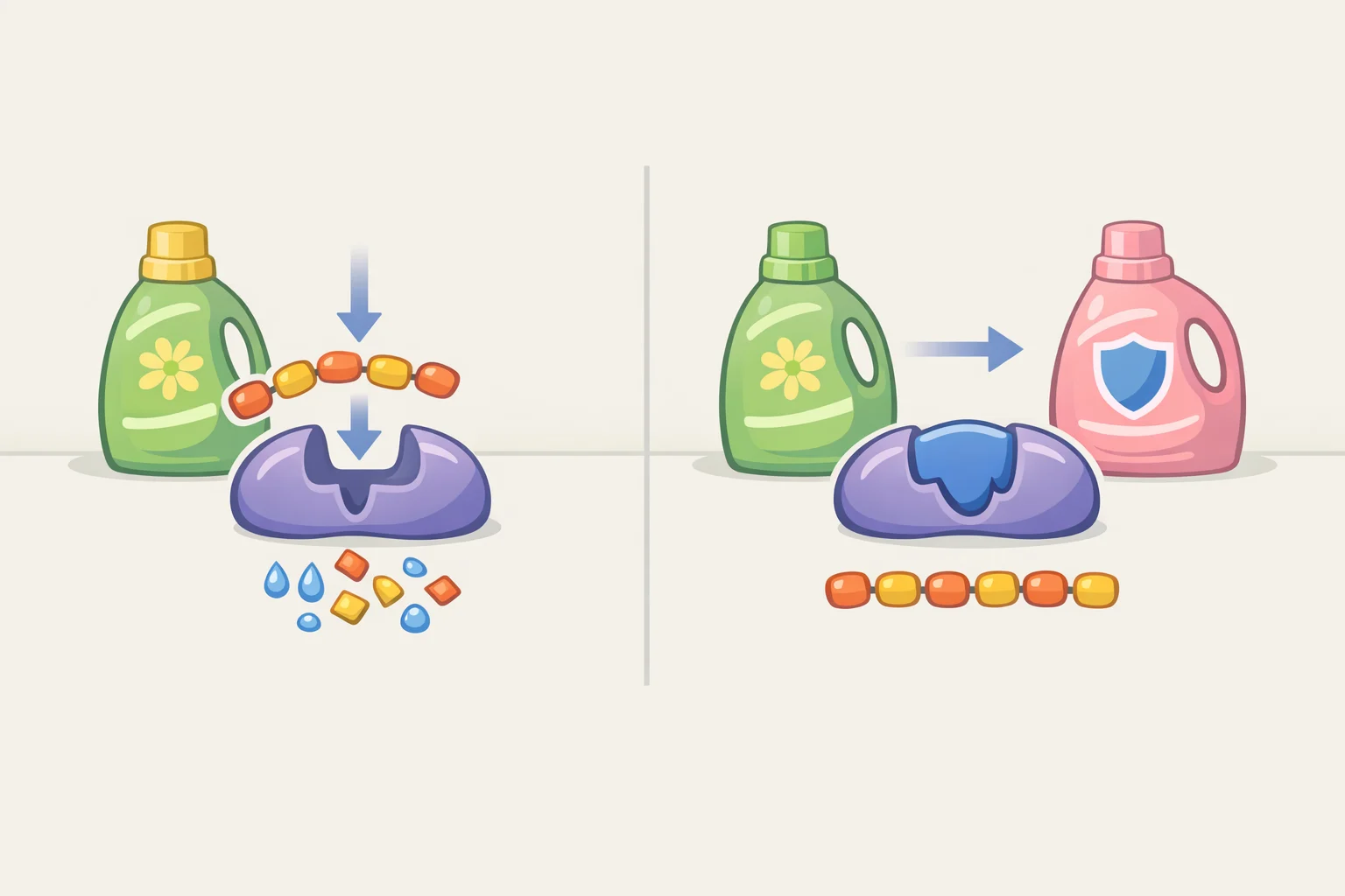 Diagram of two laundry detergents in a wash where an added ingredient inhibits protease enzymes, illustrating why you can't just add more product