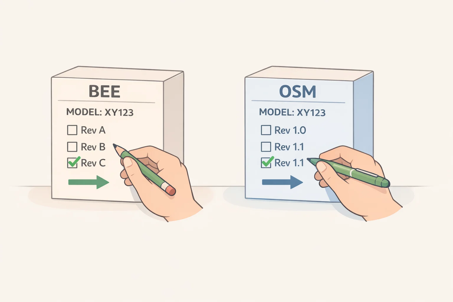 Illustration of retail Nintendo Store packaging labels highlighting the OSM model code replacing BEE to confirm the revised Switch 2 battery revision
